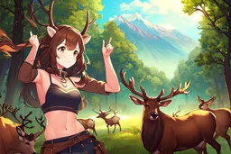 Girl,deer horns, , brown hair, deer ears, forest , mountain,collar on neck, open navel