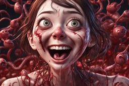 Woman with rare eyes,smiling meanwhile many worms streaming from his mouth, face distorted with pain, screaming, tears streaming, siting pose, fullbody, Junji Ito style, darkred tones,high detailed, 4k resolution, digital paiting, cute, art, no background 3d pixar disney the cinematic FKAA, TXAA, and RTX graphics technology employed for stunning detail.