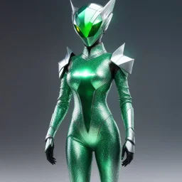 Focus on the standing figure of a green galactic female alien, her skin shimmering with iridescent green. Her eyes, large and multifaceted like precious gemstones, sparkle with a mischievous glint. Clad in a sleek silver suit that hugs her curvy form. The suit seems to be woven from strands of liquid mercury ends with silver boots, reflecting the ambient light in dazzling patterns that dance across its surface. she is a scientist, she stands on the medical bay of her sophisticated spaceship.