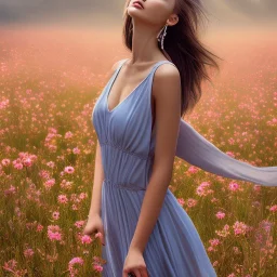 Woman, barefoot, flower field, dancing, windy, plain dress, beautiful face, long brown hair