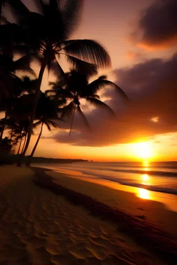 "A serene beach at sunset, with palm trees swaying gently in the breeze.”
