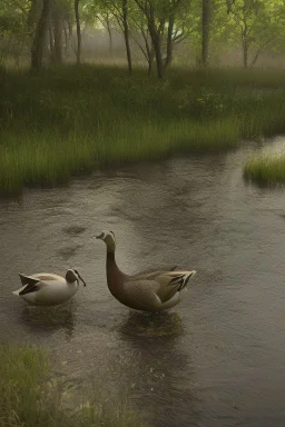 ente steht am bach neben einem wald und denkt nach