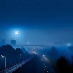 landscape of the city in the fog, blue hours, flashlights, full moon, city and overpass
