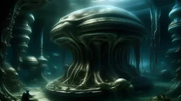 A surreal, underwater world in the style of H.R. Giger