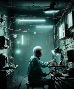 Ultra realistic photographic night portrait, cinematic, <Asian woman><big cyber eye>::<Asian doctor old man><hanging wires> <retro computer> <cyberpunk> <many wires><perfect pupil> <cyborg arm> <garage> <wide angle Shot> <sci-fi futuristic> <thriller>, color fog, soft color, highly detailed, unreal engine 5, ray tracing, RTX, lumen lighting, ultra detail, volumetric lighting, high definition.