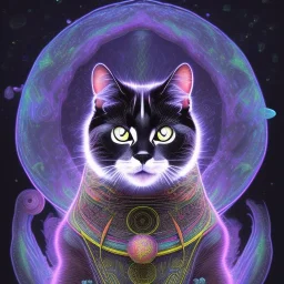 mystical black cat sits on a psychedelic mushroom and huge crystals