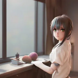 Anime girl studying in room, perfect face, window, nature, anime style, unreal engine 5, studio lighting --ar 2:1