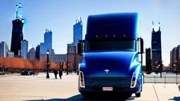 A Tesla semi-truck is parked, on the Navy Pier, in Chicago. CINEMATIC. WIDE ANGLE LENS. PHOTO REAL.