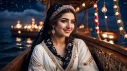 Hyper Realistic Photographic-Close-View Young Beautiful Happy Pashto Woman-Alone with beautiful eyes wearing white-embroidery-Dress-with-velvet-black-shawl Happily-Sitting in a ship-decorated-with-flowers-&-garland-lights in-the-middle-of-sea with cloudy-moonlight at beautiful-dark-night showing dramatic & cinematic ambiance.