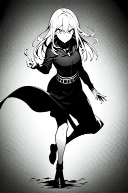 angry blonde girl, angry pose, full body, greyscale