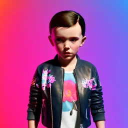 Millie bobby brown toddler, full body, leather jacket, floral shirt, floral skirt, Nike sneaker, soft skin, city background, dramatic lighting, hyper realistic