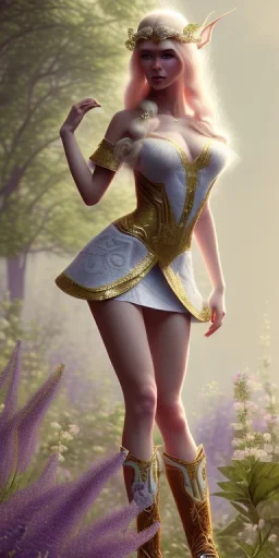 A long shot, Cute elven female adventurer with blonde hairs ears out, dressed in a light sundress, wearing boots on the floor, posing frontally, in style of Cedric Peyravernay Art, microdetails, ultradetailed --ar 2:3 --beta --upbeta