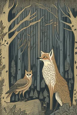 in the style of Henry Justice Ford, a drawing of a forest in which a fox meets an owl