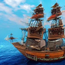 Beautiful pirate ship in the ocean, complicated, incomprehensible, 3D, bulky, symmetrical, artistic, 4K, 8K, by Paul Kole