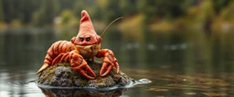 airbrush rendering, close up mushroom lobster gnome on small island in lake, pinhole cam