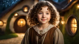 little young hobbit girl, beautiful, confident, calm, wise, happy, innocent, facing camera, head and shoulders, curly hair, hobbit clothing, perfect eyes, LOTR village, hobbit homes with circular windows and round doors, night scene, stars, fireflies, 16k artistic photography, exquisite composition, photorealistic concept art, soft natural volumetric light, chiaroscuro, award-winning photograph, masterpiece, style William-Adolphe Bouguereau