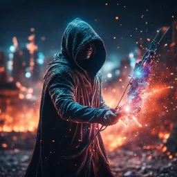 hooded marble archer covered with glowing crystals, fire particles in air, destroyed city in background, night, bright colors, glowing sparkle particles, dark tone, sharp focus, high contrast, 8k, incredible depth, depth of field, dramatic lighting, beautifully intricate details, clean environment, epic dynamic scene