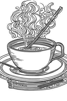 Outline art for coloring page, A SHORT LIT CIGARETTE WITH WHISPS OF SMOKE LYING FLAT ON A SAUCER NEXT TO A JAPANESE CHAWAN TEACUP, coloring page, white background, Sketch style, only use outline, clean line art, white background, no shadows, no shading, no color, clear