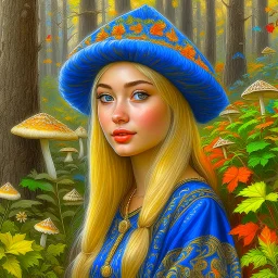 Blue eyed blonde women in traditional dress, nature background, painted, digital painting, water color, 24k, high resolution, highly detailed, cozy, forest with leafs, mushrooms and flowers, smooth, art by JOHN STEPHENS