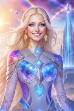 cosmic woman smile,beautiufos rainbow, admiral from the future, galactic confédération, fine whole face, crystalline skin, expressive blue eyes,rainbow, smiling lips, very nice smile, costume pleiadian, Beautiful tall woman pleiadian Galactic commander, ship, perfect datailed golden galactic suit, high rank, long blond hair, hand whit five perfect detailed finger, amazing big blue eyes, smilling mouth, high drfinition lips, cosmic happiness, bright colors, blue, pink, gold, jewels, realist,