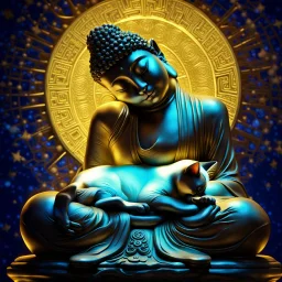 the style of Gustave Klimt, a Siamese cat sleeping in the lap of a sitting stone statue of a Buddha, completely relaxed. Modifiers: elegant dof photorealistic beautiful dynamic lighting 4K 3D cinematic postprocessing acrylic art focused stars neon glowi