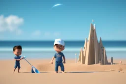 Toddler Elon Musk building a tall skinny space rocket That looks like a sandcastle on the beach, Blue shovel, plastic bucket, sunglass