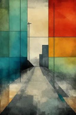 Abstract of an empty street minimalist art in the style of Paul Klee with grunge textures and heavy impasto textures