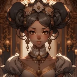 Queen, brown eyes, brown skin, black hair in a fancy bun, anime style, rococo outfit, front facing,
