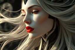 Very closeup portrait of cyborg queen of sentient parasitic flowing, Very Shiny white skin,beautiful,long hair blowing in the wind,red lips,hyper details, black metal style, Art by, caravaggio, greg rutkowski,giger, trending on artstation, beautifully lit, hyper detailed, elite, elegant, luxury, ray of light through smoke, trending on CGsociety, hypermaximalist, golden ratio, neofuture, volumetric, octane render, weta digital, micro details, 3d sculpture, Hand Outside Frame