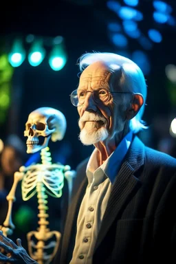 portrait of flashy transparent old man scientist in the zoo showing of his glowing skeleton, zeiss prime lens, bokeh like f/0.8, tilt-shift lens 8k, high detail, smooth render, down-light, unreal engine, prize winning