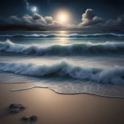 Hyper Realistic waves & seashore beach with night sky