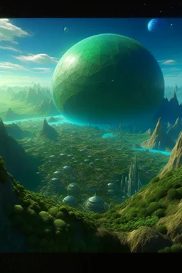 A beautiful landscape of an earth-like planet, abstract, sci-fi, hyper-realistic, super detailed, 8k, futuristic, marble, kaleidoscope using only shades and hues of green and azure, james webb telescope inspired, floral lush biome. highly technological society, inspired by egypt and babylon, pyramids in the distance, cityscape, perfect circles