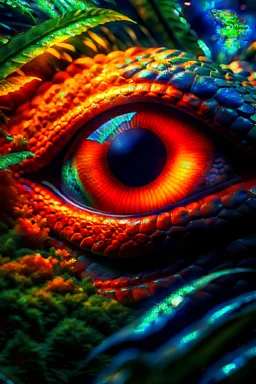 Giant dragon eye peaking from a lush brush, macro lens, extreme detailed, photorealistic, cinematic lights, luminous eye, striking contrast, exquisite clarity