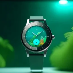 Smart watch . Sea and nature emerge from the smartwatch screen. The watch is standing in the place where the products are displayed, and this place is in the studio with simple colors without any distractions. All this I need a marketing advertising campaign;cinematic ,8k high cualitcy