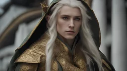 Photoreal close-up of an elf en-profile beardless elf looking up tall rugged and sturdy golden-eyed elf poet historian with golden eyes and long silver hair but beardless and golden eyes in colorful robes in front of an enormous white temple in Faerun at full moon by lee jeffries, in the style of fantasy movies, shot on Hasselblad h6d-400c, zeiss prime lens, bokeh like f/0.8, tilt-shift lens, 8k, high detail, smooth render, unreal engine 5, cinema 4d, HDR, dust effect, vivid colors