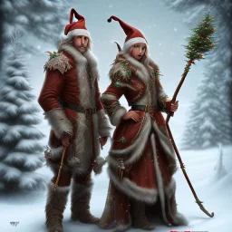 two elves. woman and man. Christmas scene. photorealistic. low-key