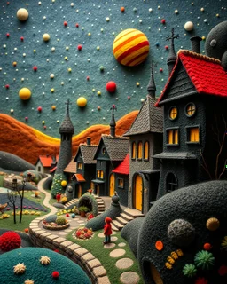 Photograph of a village made of felt art, 3d deep field, creepy, Max Ernst, wide angle landscape scene of an odd village, stars and planets, needlepoint, abstract silhoutte, expressionist style, colorful holiday, Yves Tanguy, hasselblad h6d400c --ar 85:128 --v 6.