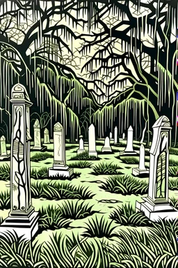 Linocut cemetery with Spanish moss