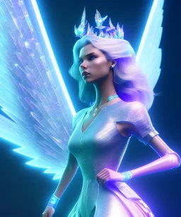 A crystalised queen, atmospheric, realistic, unreal engine, cinematic lighting, octane render. blue, pink, transparency, light, shine,bright, full body, transparent wings, blonde, long hair, nice smile