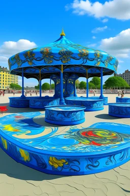 A blue beach themed park designed in German folk art painted by Andy Warhol