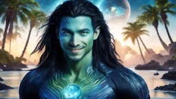 beautiful gorgeous young man na'vi with long hair, Avatar, blue skin, two small ears, green eyes, black hair, in cosmic suit, galactic ambiance, little pointy goatee , smiling, with spaceship and planets and palm trees and clear crystaline cosmic beach in background