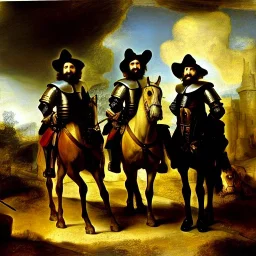 oil portrait of The Three Musketeers and d'artagnan with armor by Rembrandt 8k