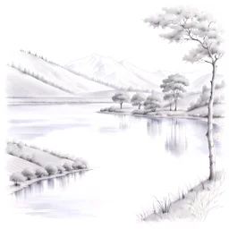 lake , tea plantation, , hand drawn illustration, pencil sketch in white background