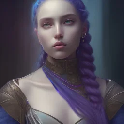 Thee quarters view, portrait, woman, warrior, beautiful, extravagant dark purple and blue attire, dark blue hair, intricate braids with beads, high fantasy, digital painting, trending on artstation, concept art, sharp focus, extreme detail, very high quality, art by artgerm and greg rutkowski