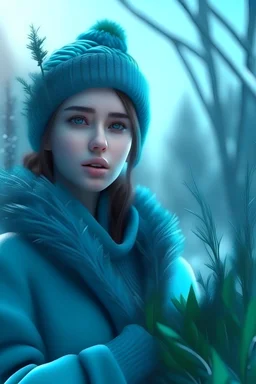 realistic real 8K, 3D, winter background beautiful girl in blue green reed winter coat frozen and hoarfrost branches jewely