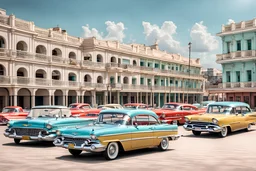Fotorealistisch Parkplatz an der Promenade von Havanna vollgeparkt mit Chevrolet Impalas von 1959 und 1960, Chevrolet Nomad von 1957, Chevrolet Bel Air von 1954 und 1955