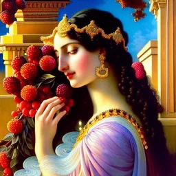 Hyperdetailed oil on canvas, young annie henley at a temple fountain, beautiful, detailed face, long dark hair, surrounded by luminous colorful sparkles, airbrush, depth of field, raspberries, blackberries, octane render, by gaspar camps, maxfield parrish, alphonse mucha, cyril rolando, volumetric lighting, dusk, 16k