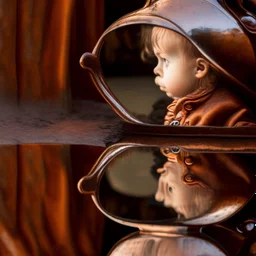 The reflection of a child on the surface of an old copper teapot