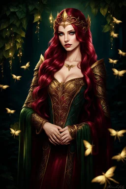 Burgundy hair, dark hair,dark red , rapunzel hair,very long hair,dark fairy princess,elven crown,night,dragonflies,beautiful,ong ashes,golden armor ,sparkle,night blooming,ivy,dark green,lilly of valley,golden elven crown,elven warrior,dark gold armor,extremely long hair