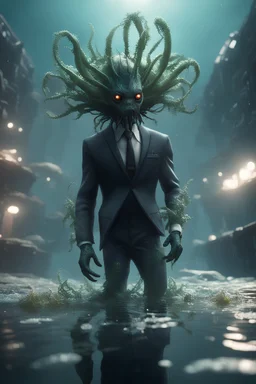 xcom's terror from the deep giger style alien with suit and tie and sea weed crown crawling while hovering over the icy docks in fallout 4 setting, bokeh, downlight, prize winning, depth of field, in the style of ivo caprino